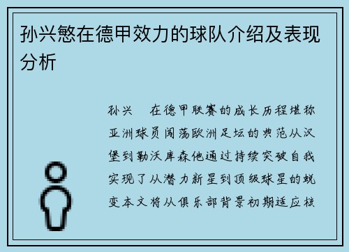 孙兴慜在德甲效力的球队介绍及表现分析
