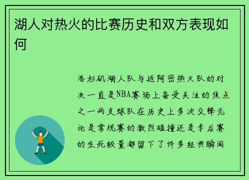 湖人对热火的比赛历史和双方表现如何